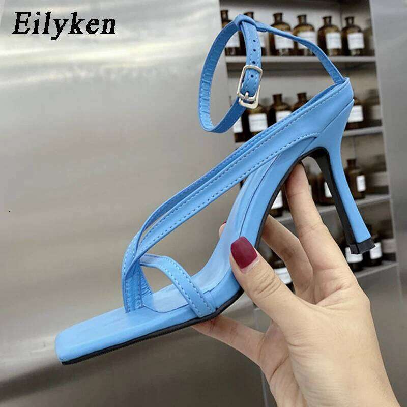 Eilyken New Fashion Pinch Narrow Band Women Sandals 2025 Summer Square Open Toe Ankle Buckle Strap High Heels Ladies Shoes