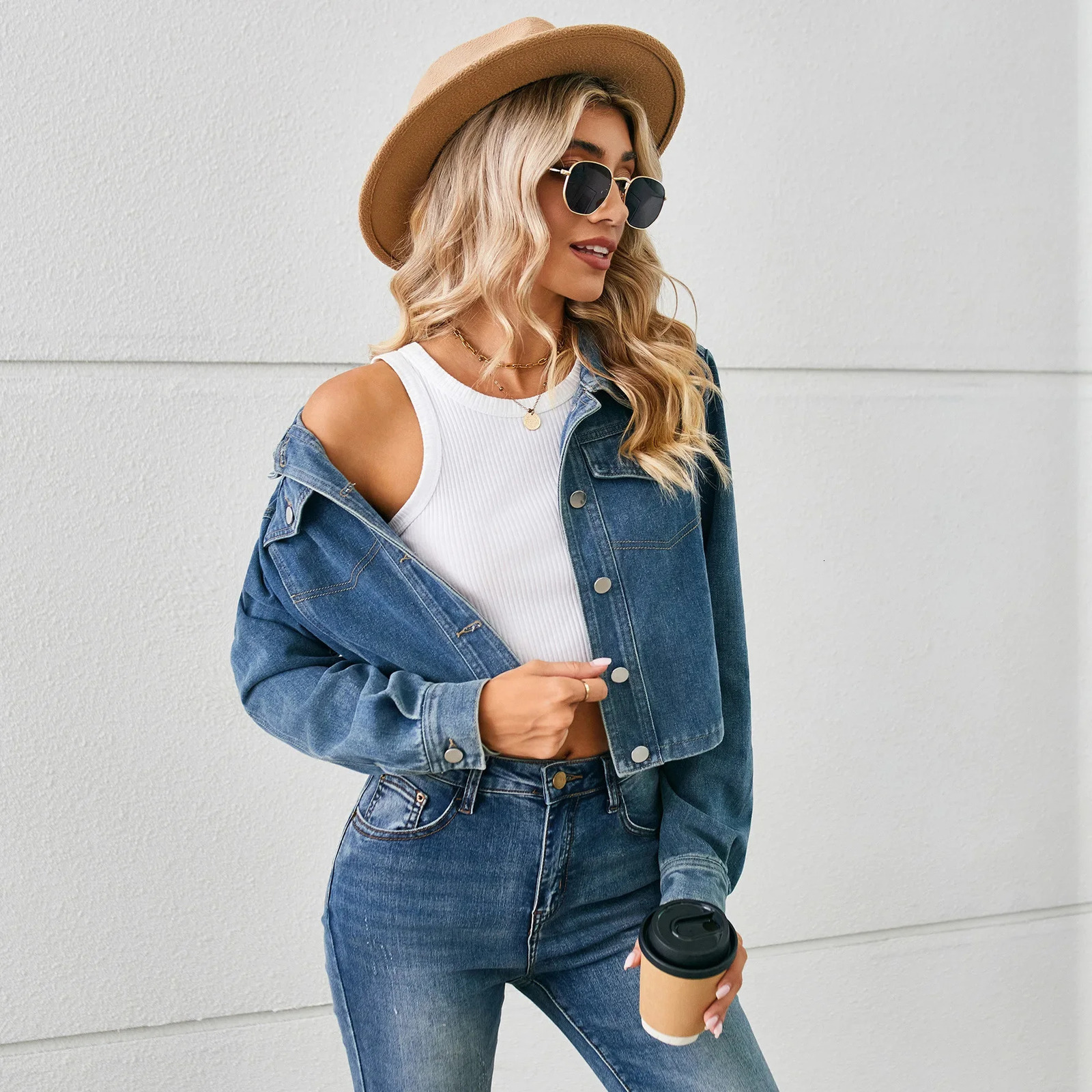 American Style Cropped Denim Jacket Top Long Sleeve For Women Model Washingdenim Crop Jacket From China Mainland Loose Fit 250609