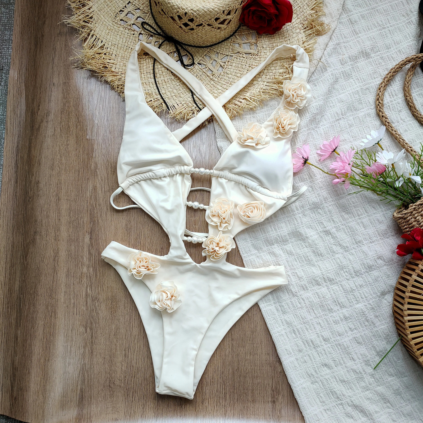 3D Flowers One Piece Swimsuit Women Solid Sexy Hollow Out Swimwear Tropical Summer Beachwear Bathing Suit Bodysuit 250609