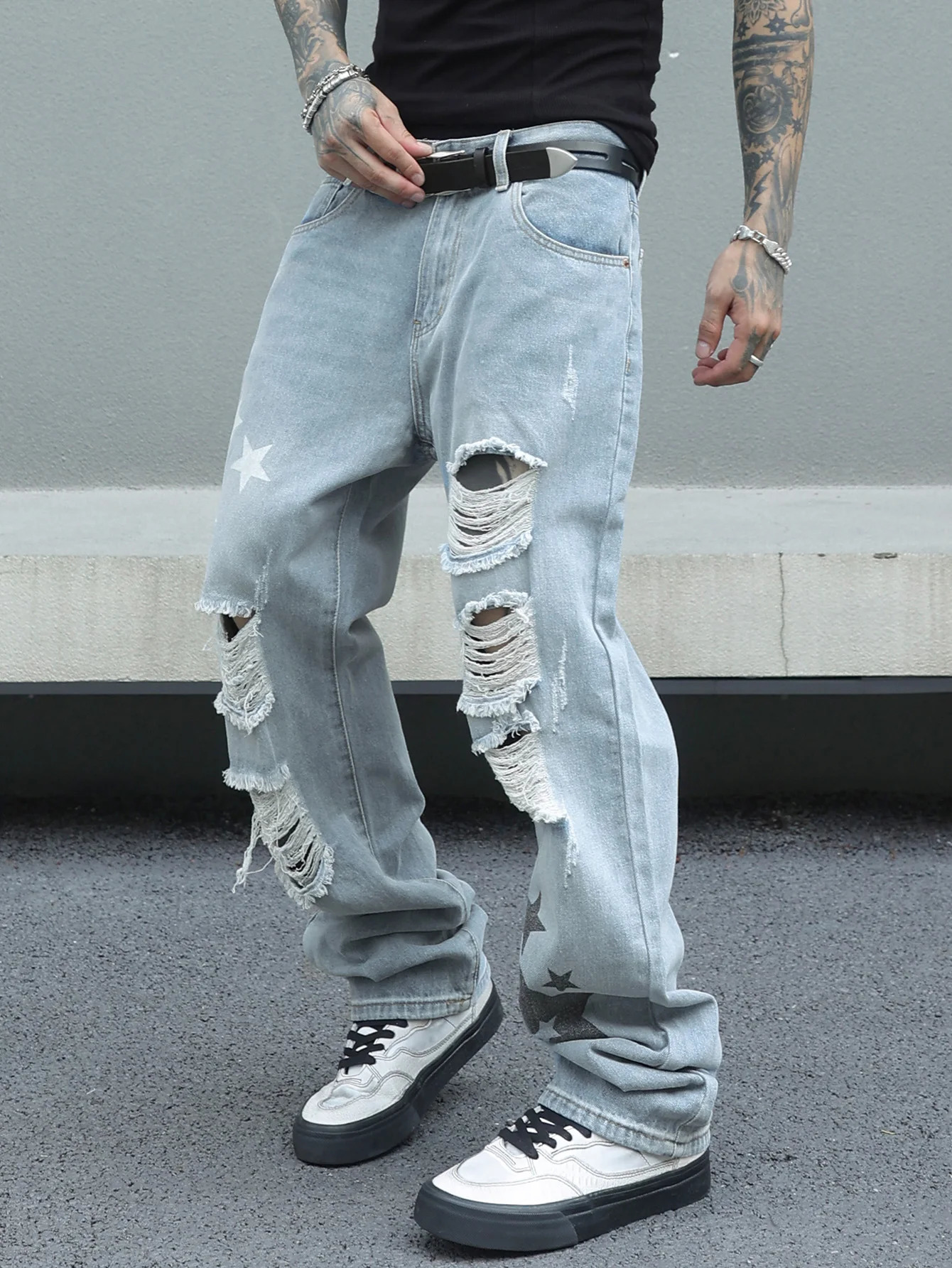 Mens Light Blue Distressed Jeans with Star Print Baggy Fit Streetwear Style Spring and Summer Fashion 250611
