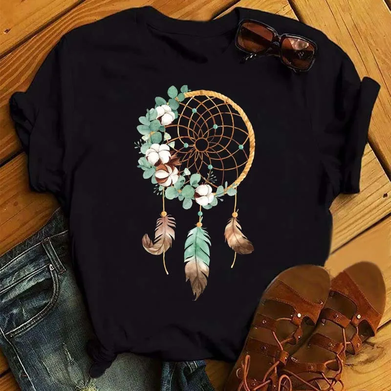 Fashion Feather Dreamcatcher Designer T Shirt Women Harajuku Graphic Tees Shirt Femme Dream Catcher Women's T-shirt Clothes Tops