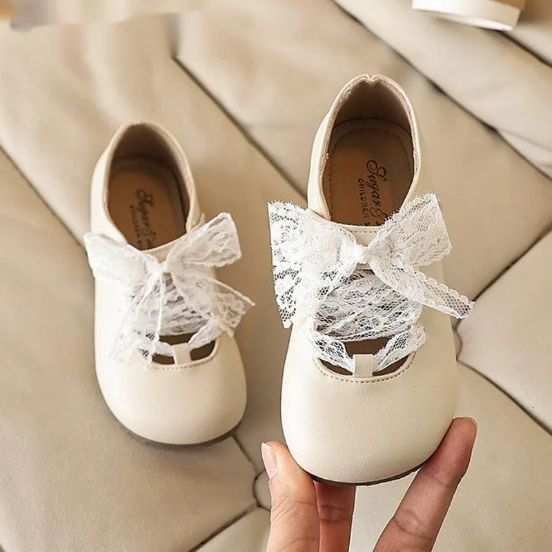 Lace Bow Girls Flats Shoes Spring Autumn Solid PU Leather Children Mary Janes Hook Loop Soft Party Kids Princess Shoes 250611
