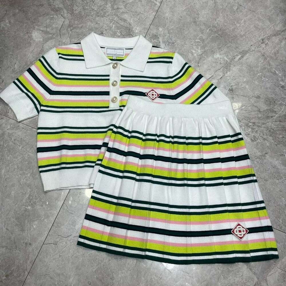 2025 Summer Retro Style Women Knitted Set Polo Neck Short Sleeve Tops + Waist Skirt Contrasting Stripes High Quality