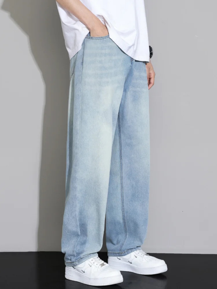 Spring Summer Loose Jeans for Men Light Blue Straight Wide-leg Embroidered Fashionable Casual Denim Long Pants Male 250611