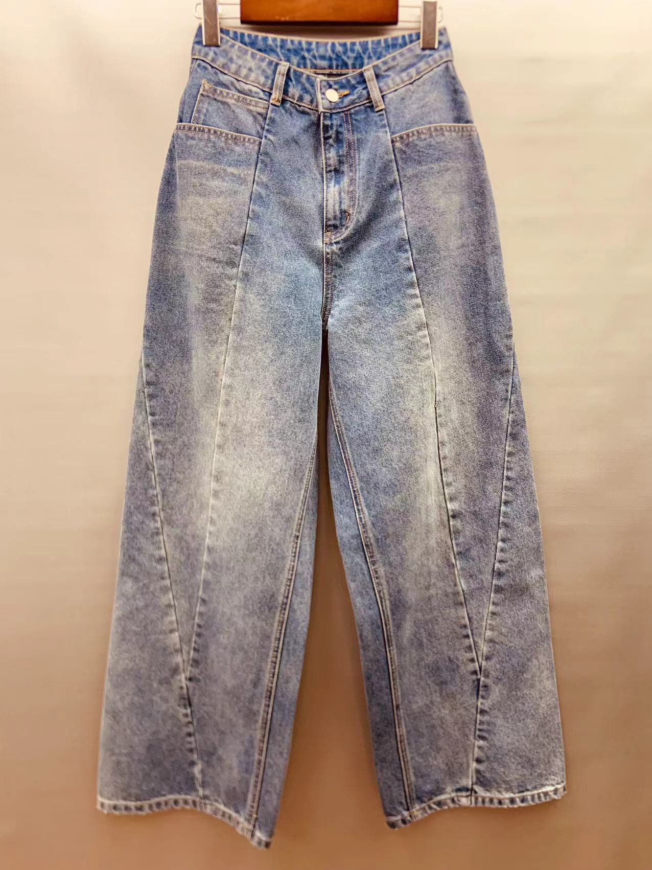 Factory customized wholesale splicing design high waist wide leg jeans 24-0802