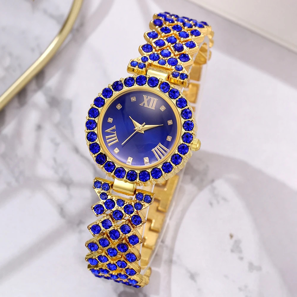 2PCS/Set Of Blue Womens Watches With Minimalist Elements Quartz Watches Blue Alloy Watch Straps Jewelry Sets Gifts For Girls 250606