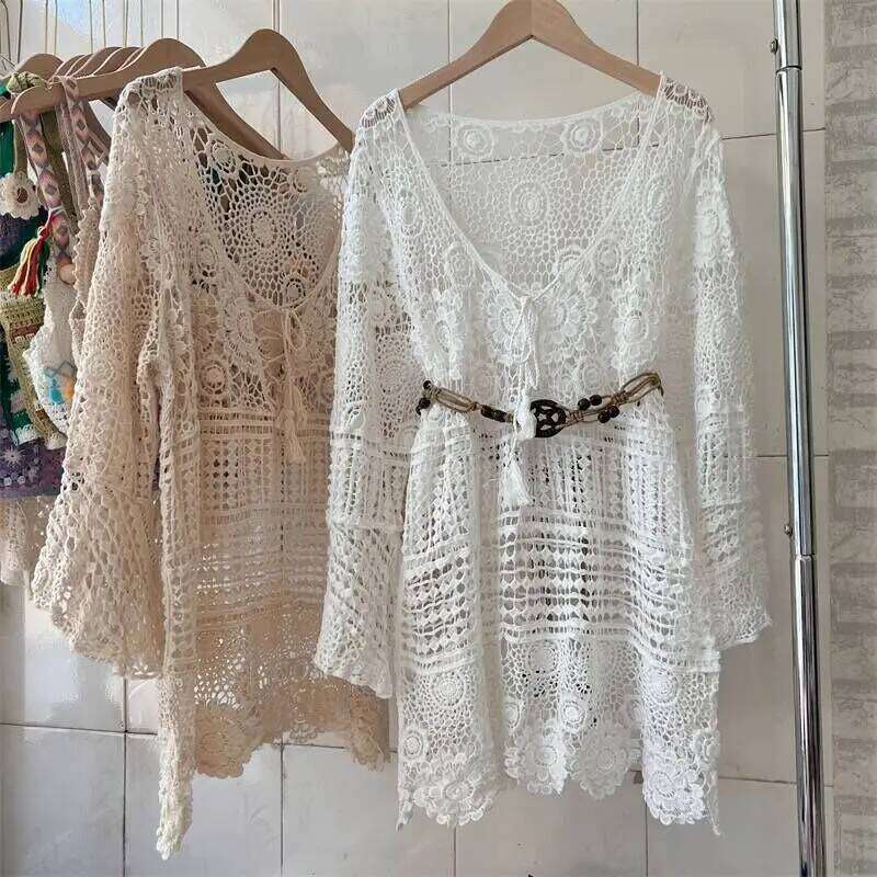 Bohemian Pullovers Women Summer New Sexy Knitted Hollow Out V-neck Floral Embroidery Shirt Sun Protection Tees Fashion Tops K208