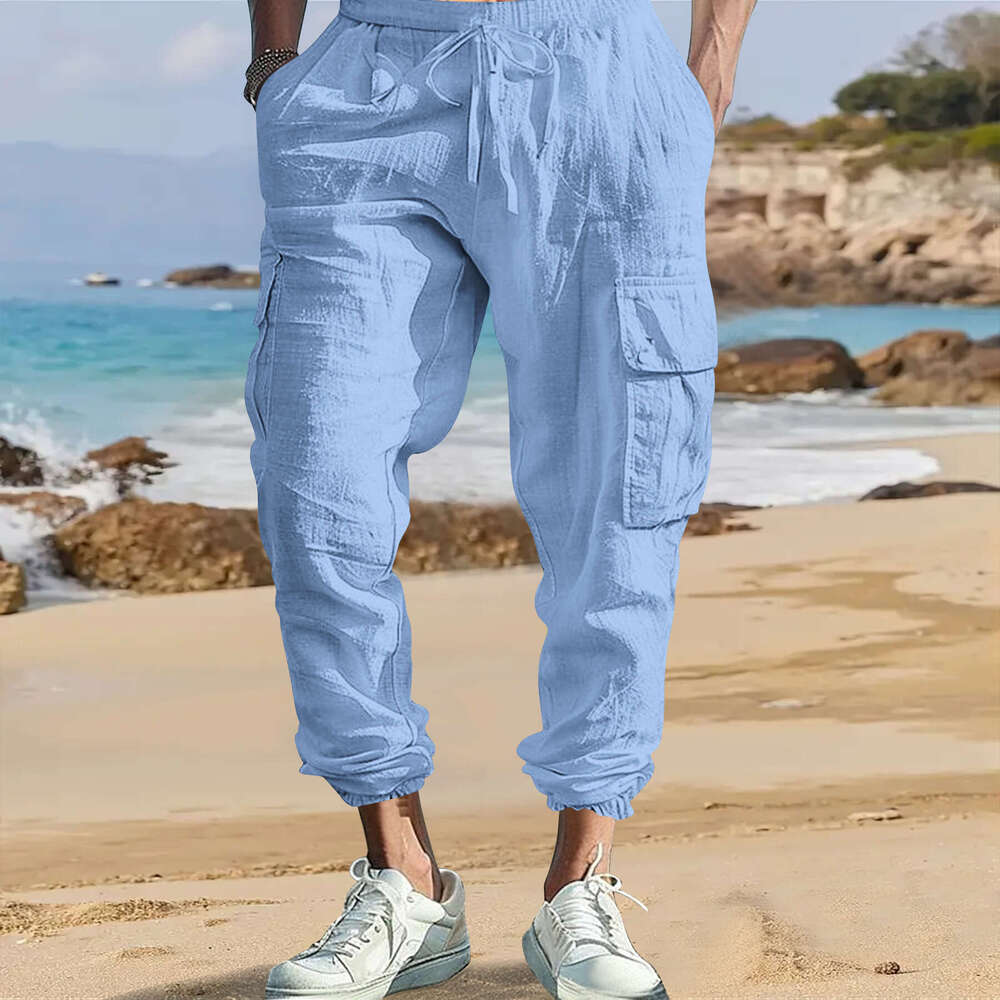 Men's Casual Jogger Pants With Multiple Pockets Drawstring, Solid Color, Loose Fit, Workwear Style, Spring And Autumn Cotton Linen B5