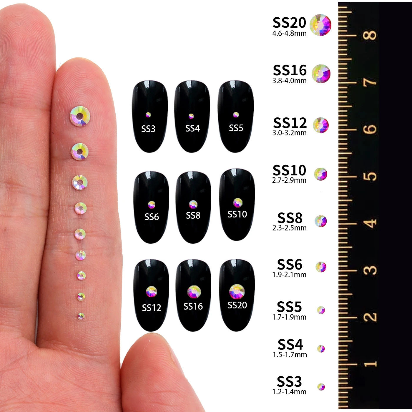 1440PcsPack Mix Size SS3SS20 Black Glass Flat Back Glitter Diamond Non fix s for Nail Art Clothes 250606
