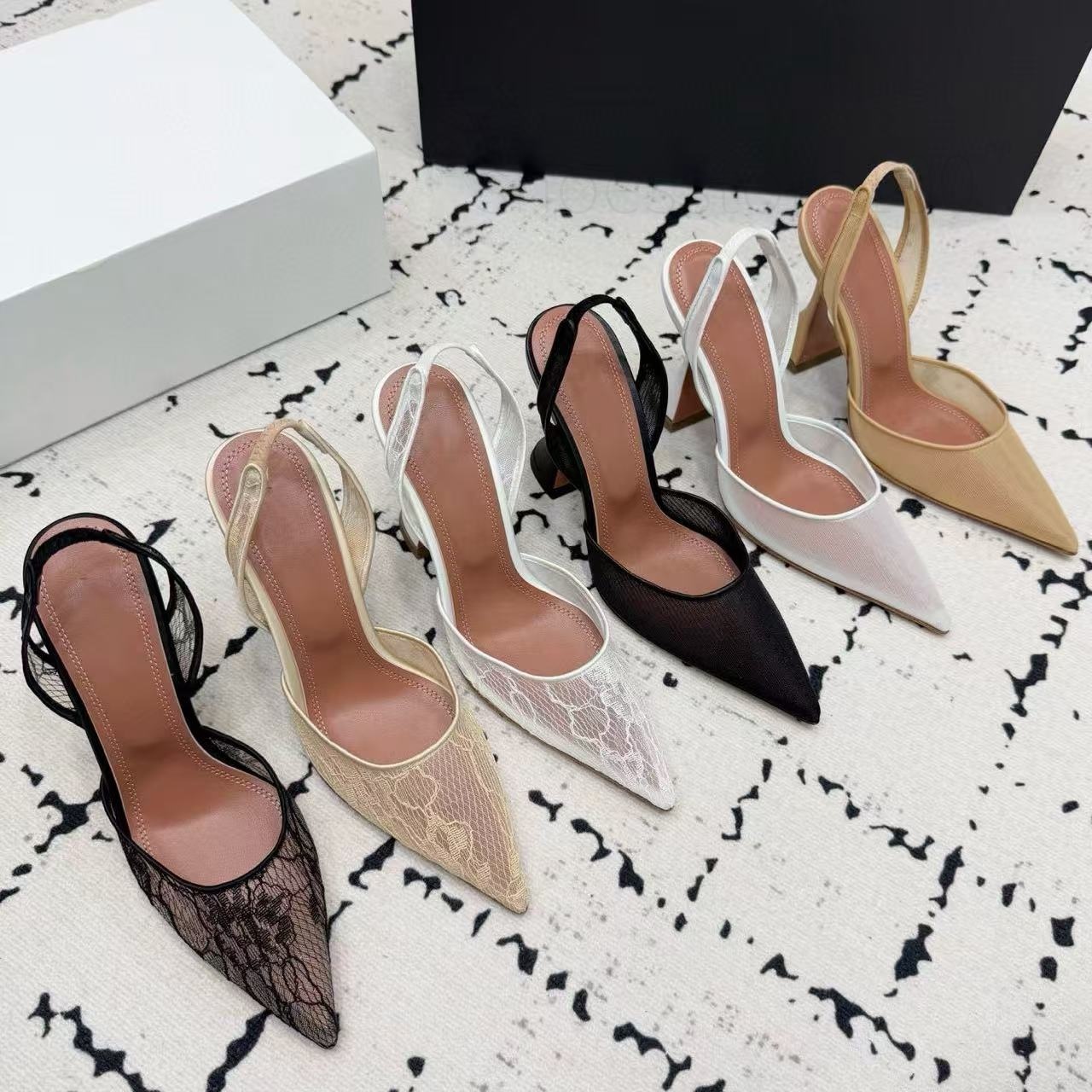 Designer Heels Crystal-Embellished buckle stain Pumps shoes spool Heels sandals women's Luxury Dress Evening Slingback net sandal White wedding shoes size 35-42