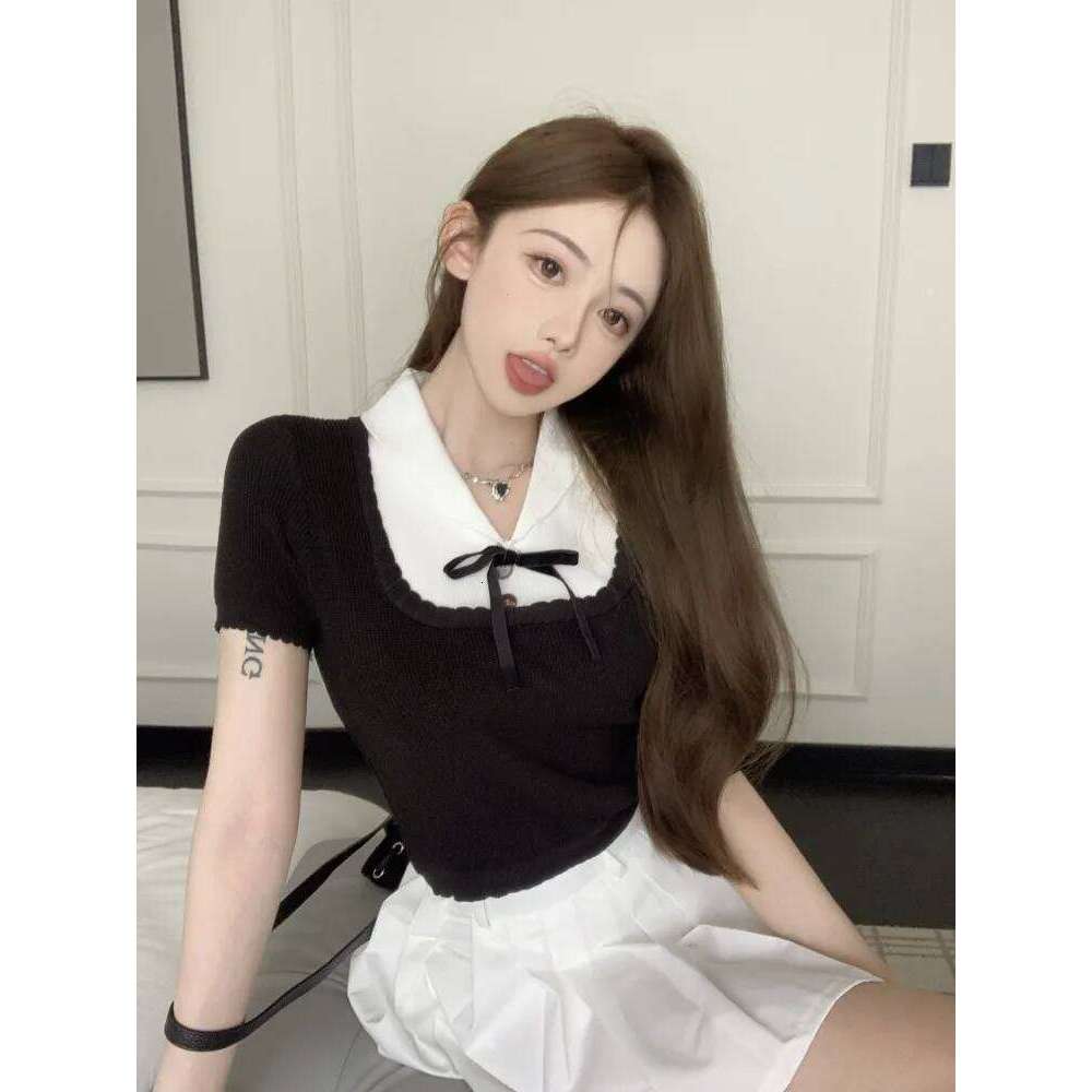 Black Elegant Slim Knit Sweater Tshirt Women 2023 Summer Short Sleeve Bowtie Crop Tops Pullover Stylish Fashion Vintage Knitwear