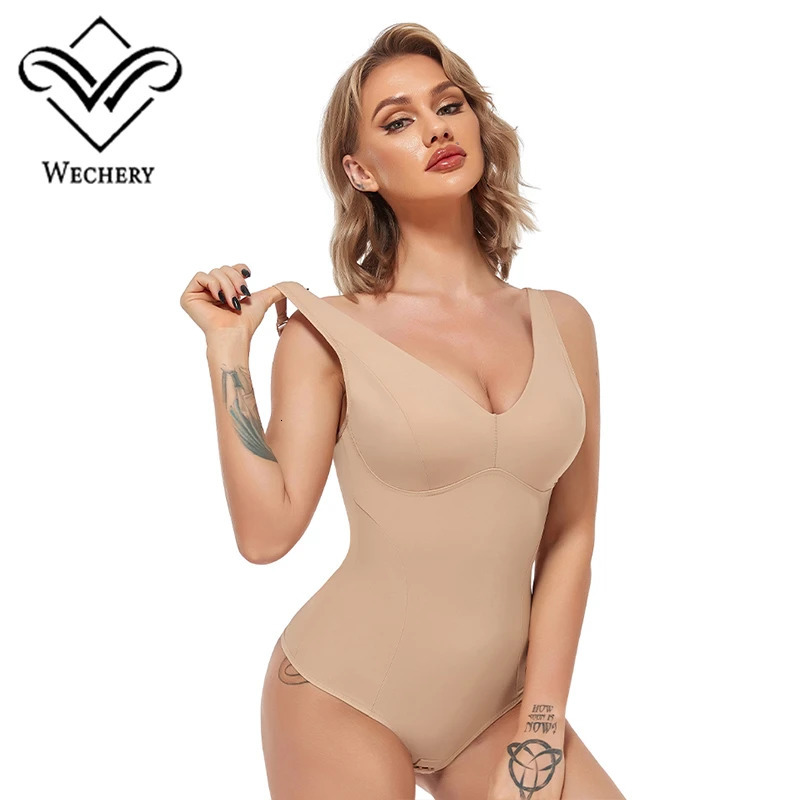 Wechery Women Chic Shapewear Bodysuit Sexy VNeck Bodysuits With Removable Cup Body Shaper Skinny Black Slimming Underwear Bods 250610