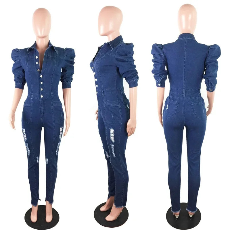 Sexy Plus Size Cotton Bodycon Long Jeans Jumpsuit Women Puff Sleeve Hole Ripped Denim Playsuit Romper Overalls Combinaison Femme 250609