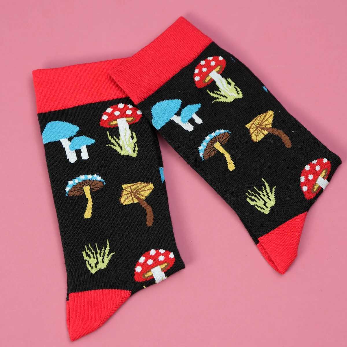 1 Pair Multicolor Mushroom Umbrella With Black Background Breathable Mens and Womens Mid-calf Socks Suitable For All Seasons Z250610