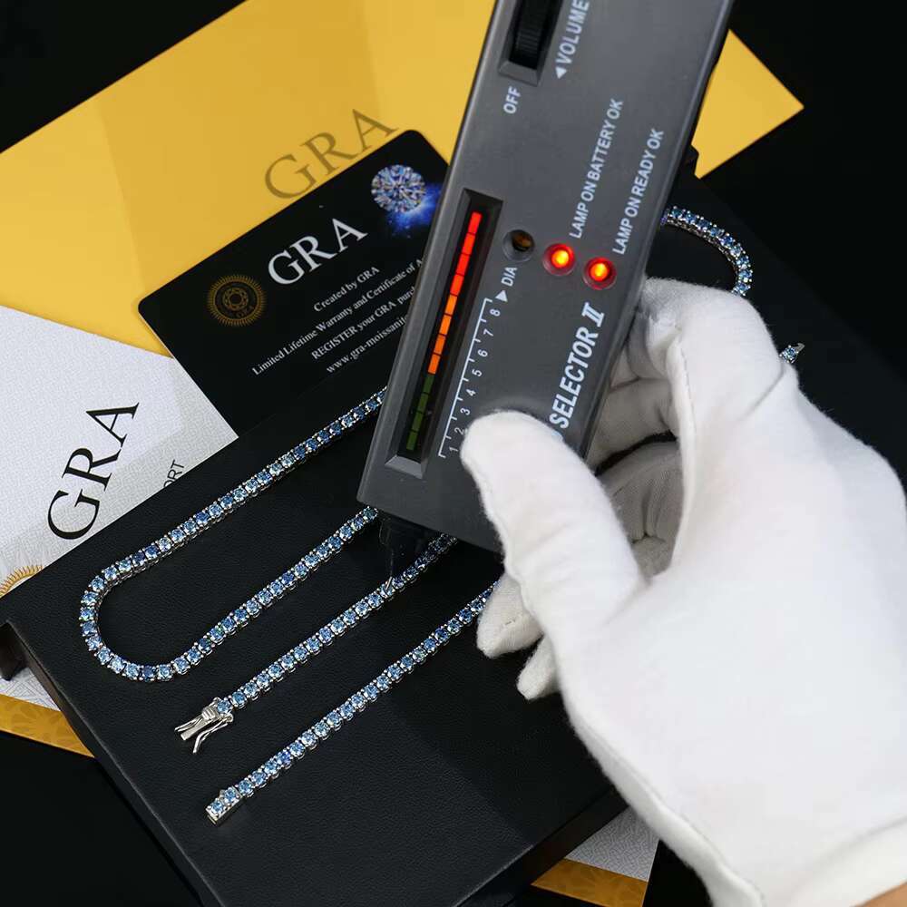 OACOCA Premium Jewelry 925 Silver Necklace Rhodium Plated Round Brilliant Cut Original Royal Blue Color Moissanite Tennis Link Chain