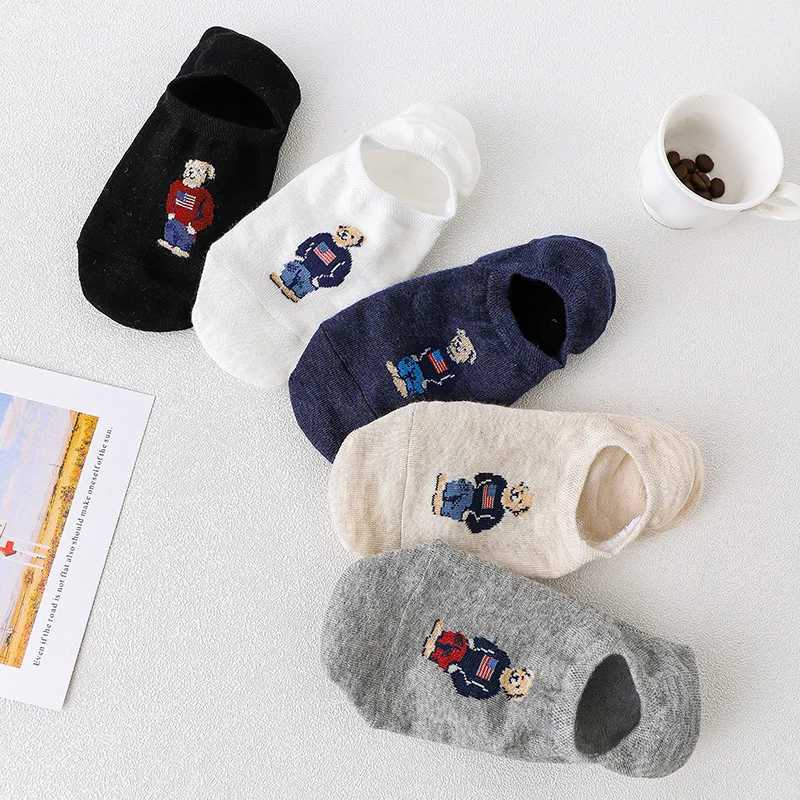 5 Pairs Unisex Men Socks 5 Colors Summer New Cartoon Bear Cotton Boat Socks Light Comfortable Sweat-absorbent Invisible Socks Z250610