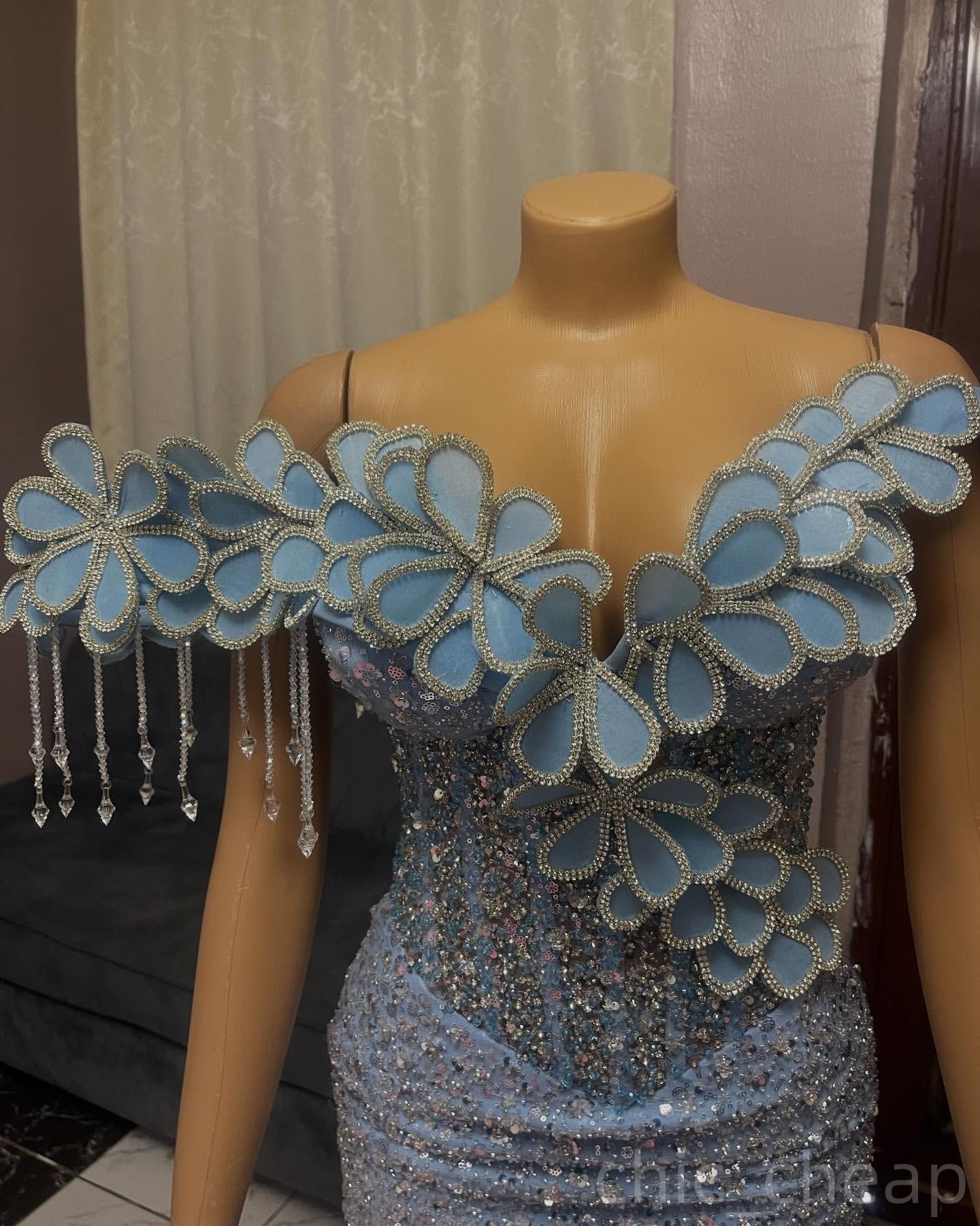 Light Sky Blue Mermaid Prom Dresses 2025 Flowers Crystals Sequined Evening Formal Party Second Birthday Engagement Gowns Plus Size Dress For Special O