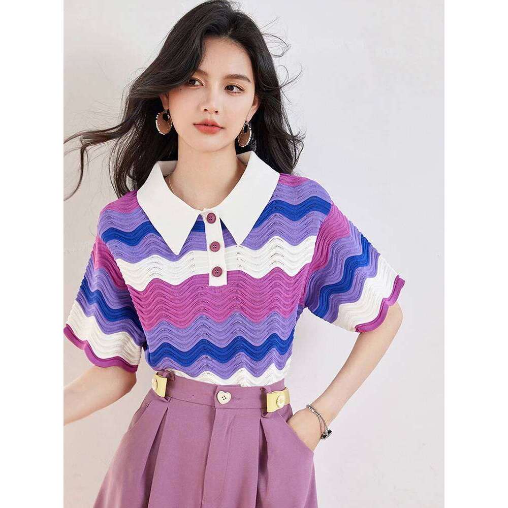 Women's Retro Contrasting Color Turn-down Collar T-shirt Summer 2024 New Casual Pullover Fashion Lazy Style Tops