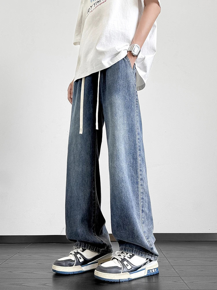 Summer Mens Jeans Korean Fashion Lightweight Lyocell Cotton Straight Denim Pants Loose Fit Wide Leg Trousers 250610