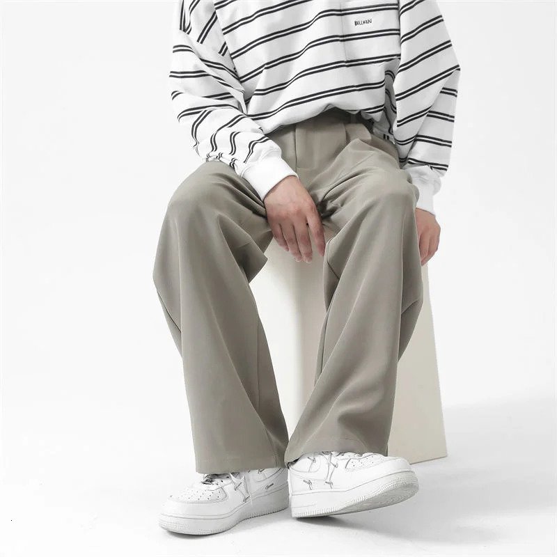 Grey Black Suit Pants Men Fashion Society Mens Dress Korean Loose Straight Wide Leg Office Formal Trousers 250610