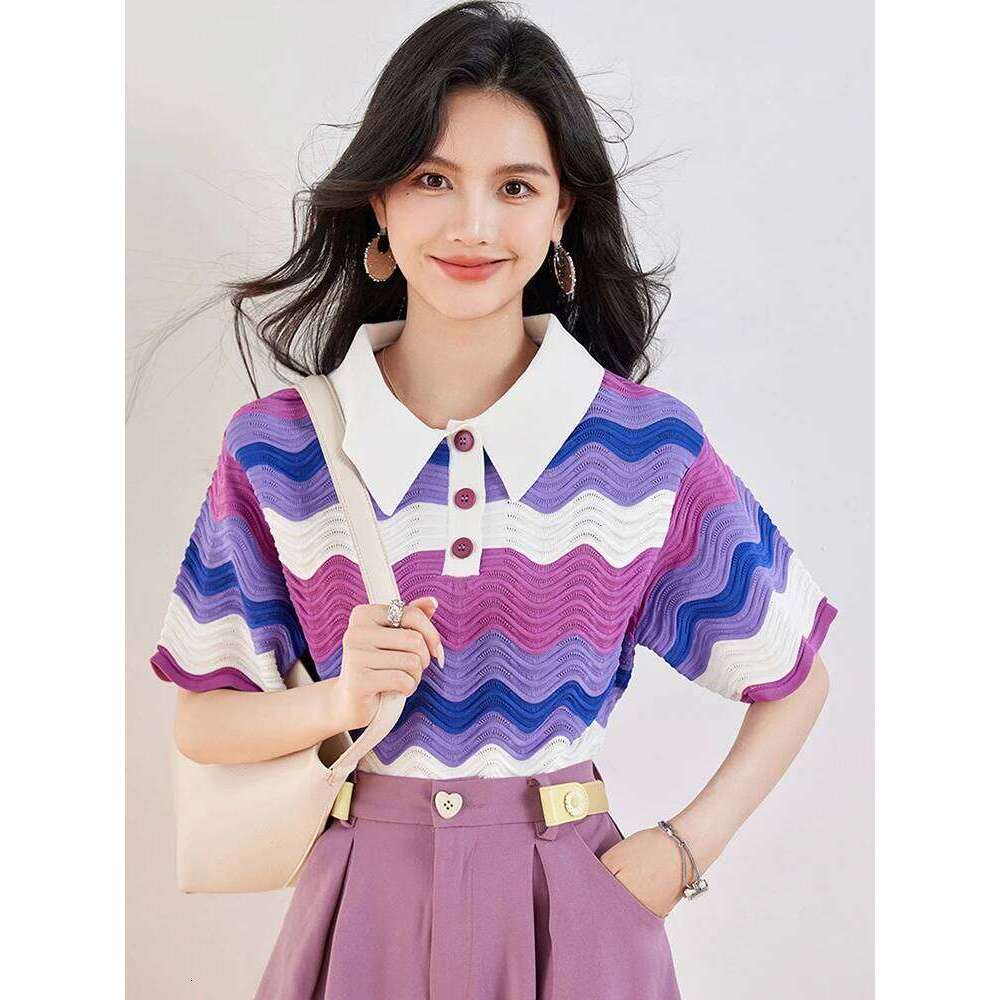 Women's Retro Contrasting Color Turn-down Collar T-shirt Summer 2024 New Casual Pullover Fashion Lazy Style Tops