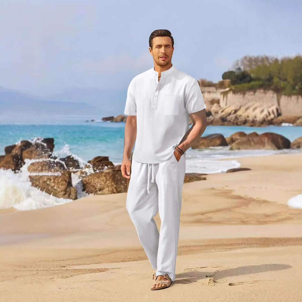 Spring/Summer New Men's Loose Casual Cotton Linen Short Sleeve Long Pants Set B5