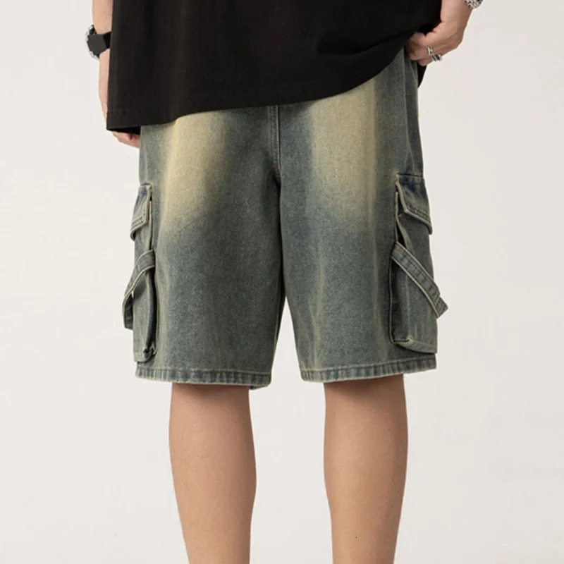 Cowboy shorts mens high-end personalized drawstring loose casual denim five quarter pants loose plus wide leg pants 250611