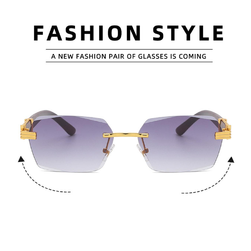 Women Luxury Rimless Sunglasses Rectangle Anti UV400 Color Lens with Wooden Grain Leg Unisex Retro Shades