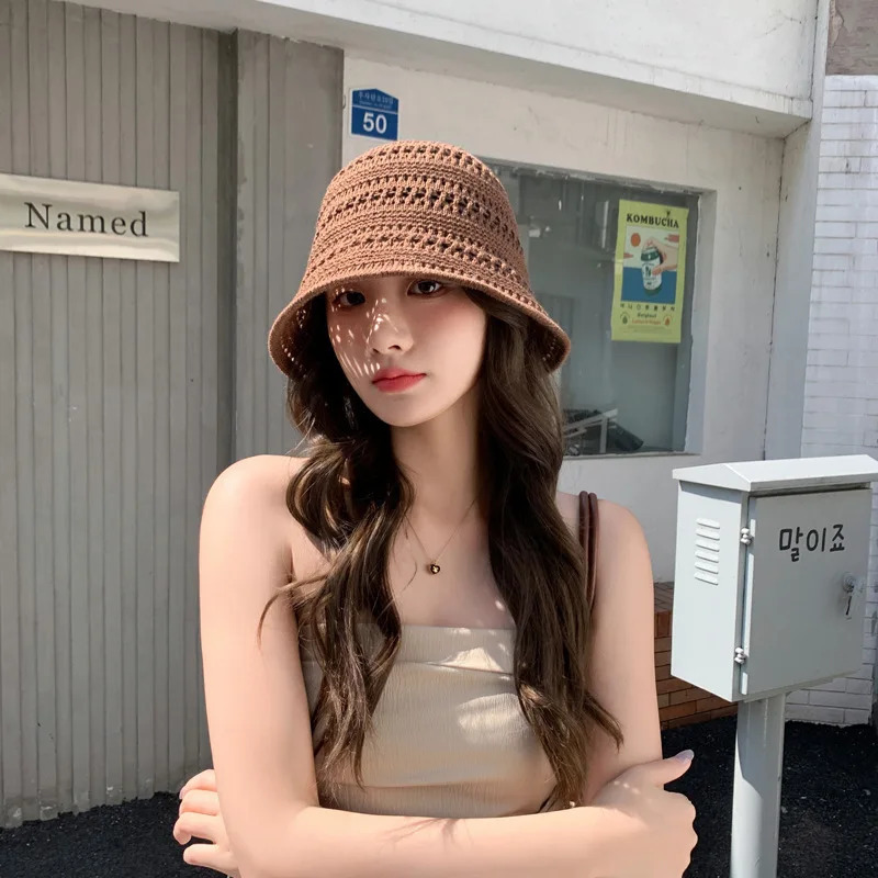 Fashion Summer Hollow Knitted Sun Protection Panama er Cap Bucket Hat Sunshade Hat for Womens Leisure Bonnet Pot Hat 250606