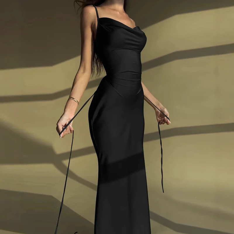 Europe and America foreign trade spring summer temperament sexy solid color stitching with slim suspenders long dress 250611