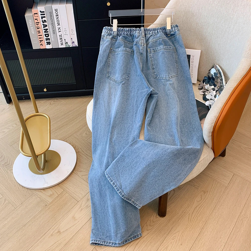 Plussize womens fall casual commute baggy comfort jeans Dark blue highwaiststraight leg button pocket long wideleg pants 250609