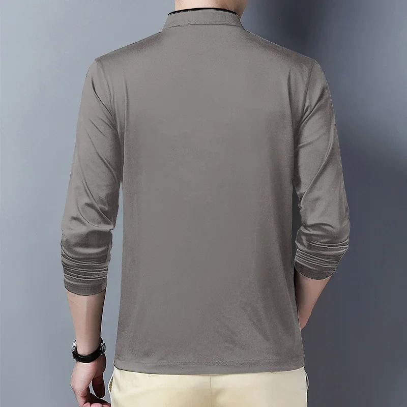 Mens Casual Fashion Solid Color Long Sleeved Polo Shirt Stand Up Collar Versatile Comfortable Top 250610