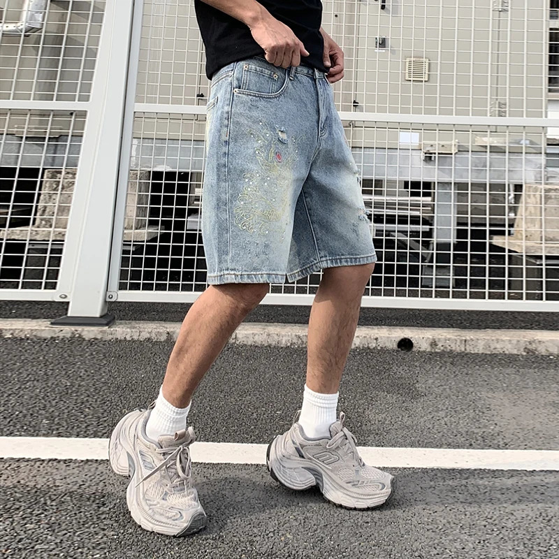 BGC9381 High Street Chinese style embroidery trend handsome diamond denim shorts mens loose casual five-minute pants 250611