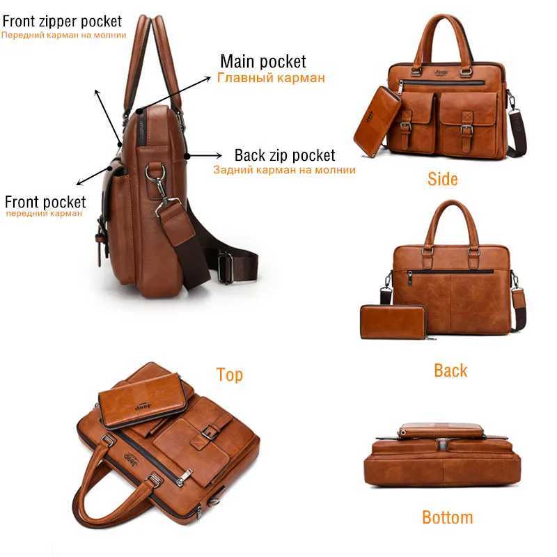 JEEP BULUO Brand Mans Business Briefcase Bag 2pcs/set Split Leather High Quality Mens Office Bags For 13.3 inch Laptop A4 Case W250610