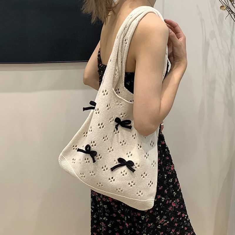 Knitted Bag Women Hollow Out Crochet Bow Design Handbag Large Capacity Handmade Tote Bag Summer Beach Woven Shoulder Bag XJ250610