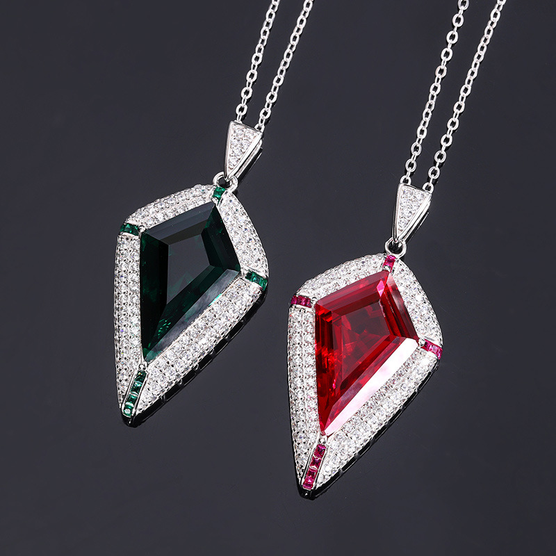 S925 Silver Faux Red Ruby Emerald Creative Triangle Pendant Necklace, 16x26mm Main Stone Design, Stylish and Elegant Women's Jewelry, Perfect for