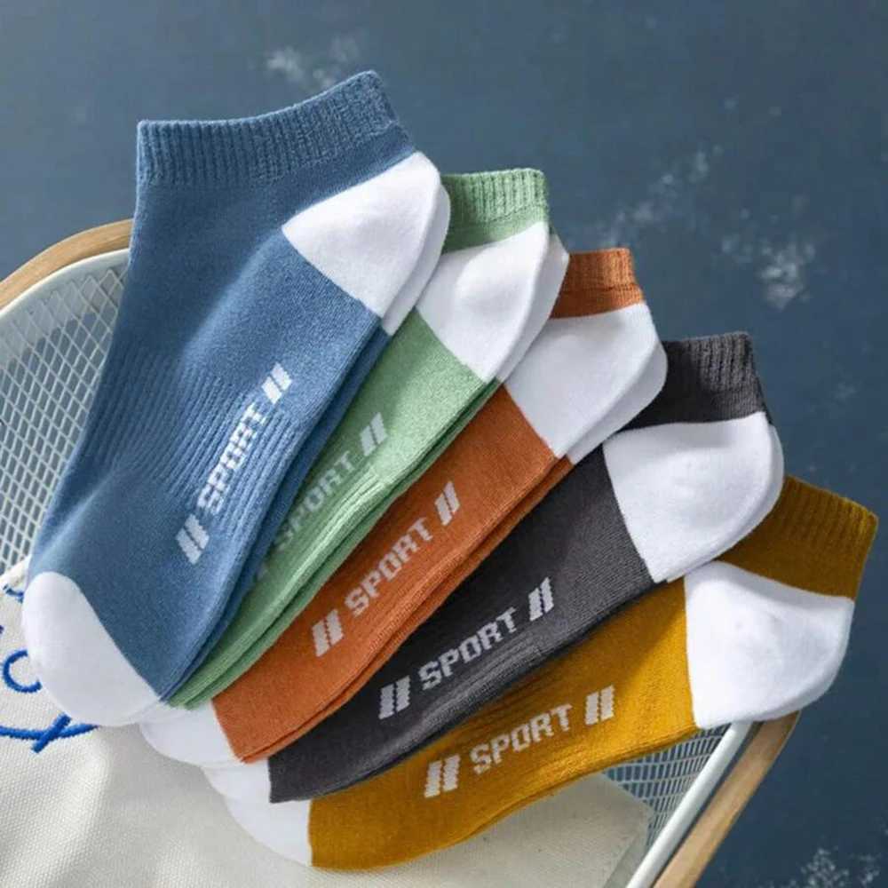 5 Pairs Men Letter Boat Socks Fashionable Vertical Striped Round Neck Socks Breathable Sweat Absorbing Comfortable Casual Socks Z250610