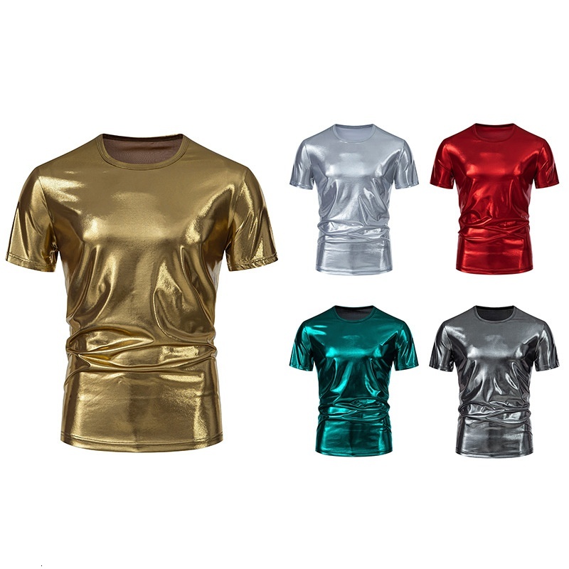 Men's Summer Short Youth Nightclub Glossy Slim Fit Five-Quarter Sleeve Crew Neck T-Shirt