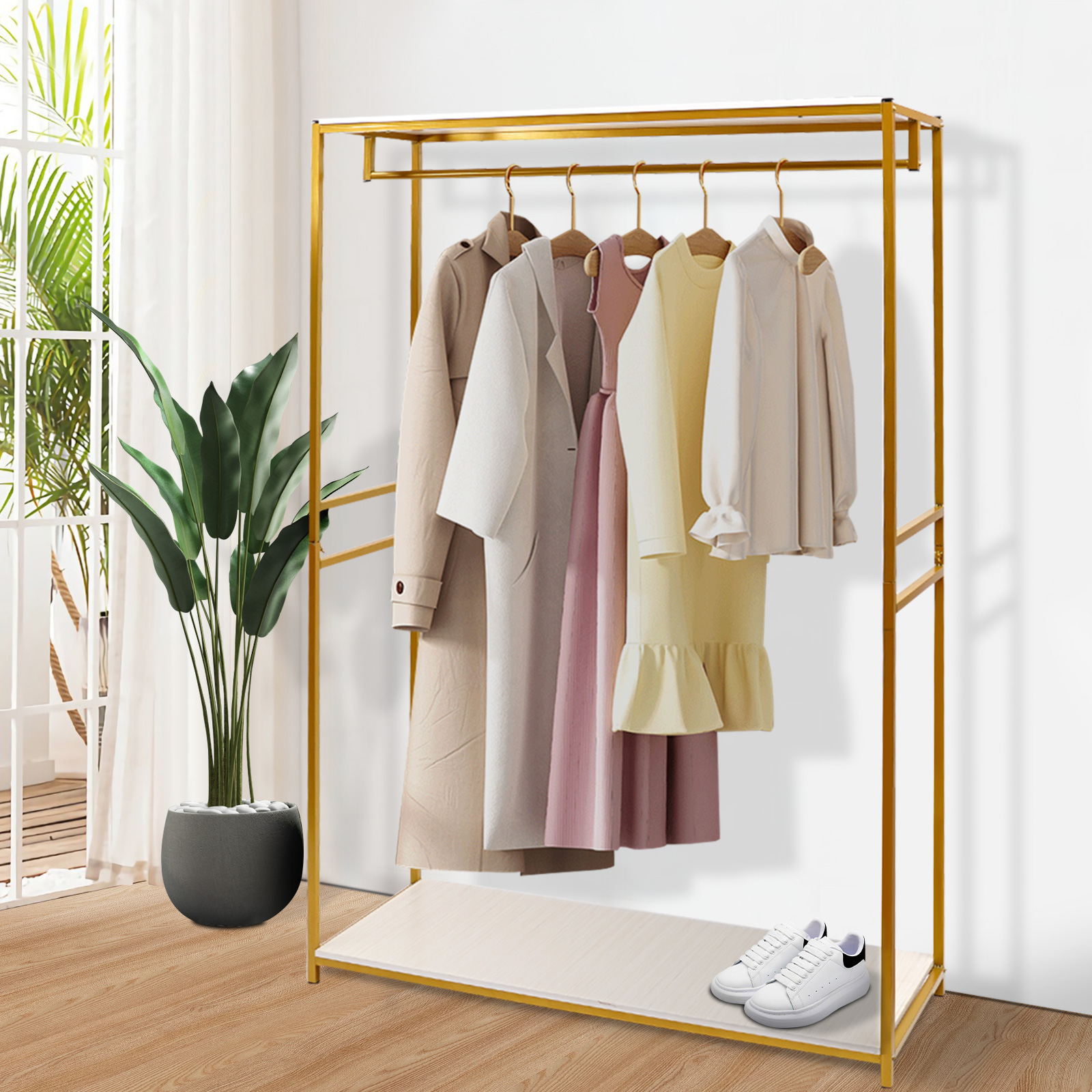 Rolling Clothing Rack, Metal Gold Clothing Rack Bridal Wedding Dress Rack Floor-standing Clothes Rack Adjustable Wire Shelf Clothes Hanger, Wardrobe S