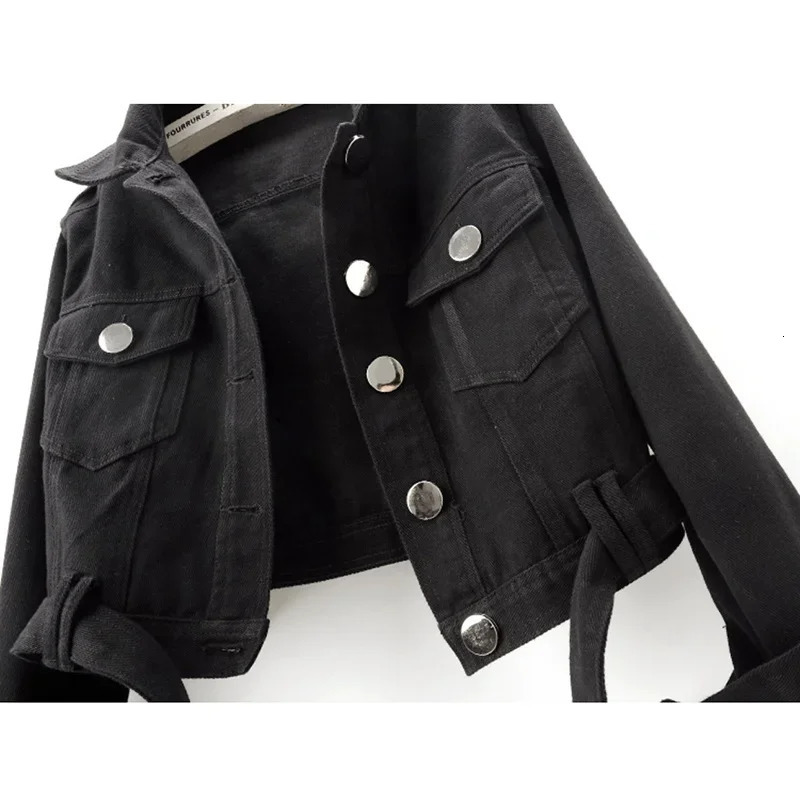 Spring Autumn Fashion Solid Color Big Pocket Denim Jacket Women Casual Cowboy Outerwear Hem Belt Slim Short Jeans Jacket Female 250609