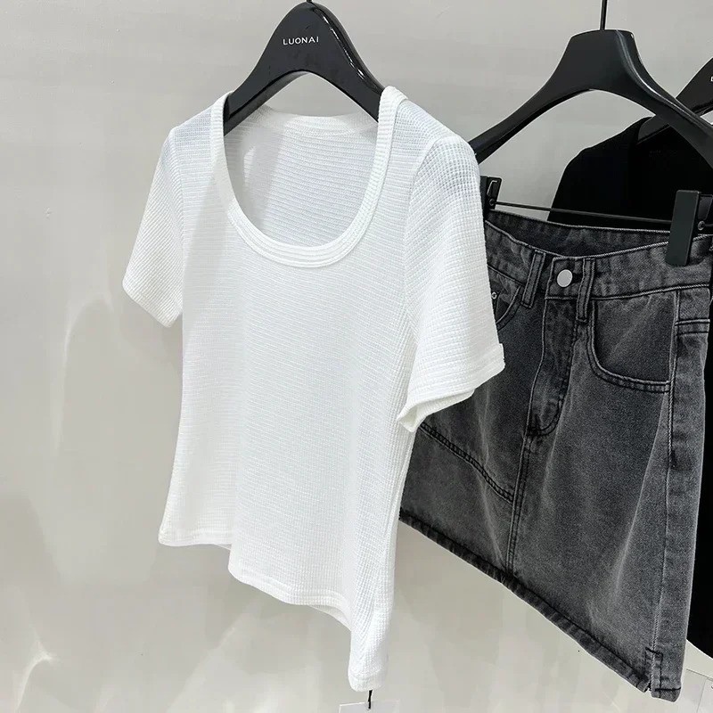 Basic Solid Top Short Sleeve Crewneck Skinny Tshirt Summer Casual Tee For Women Y2k Vintage Harajuku Streetwear 250610