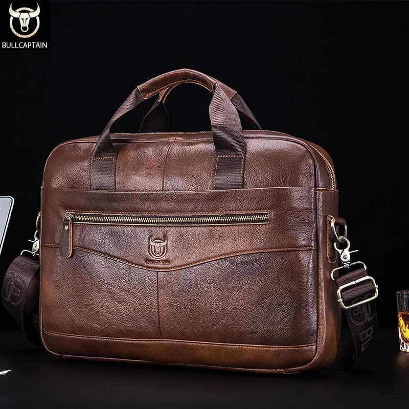 BULLCAPTAIN Briefcase Shoulder Messenger Bags Mens Genuine Leather 14-inch Laptop Bags Mens Briefcase Office Business Handbag W250610