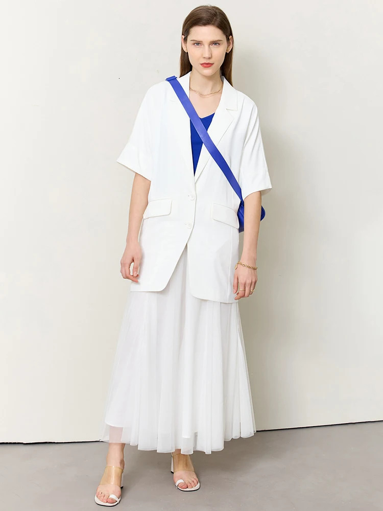 AMII Minimalism Summer Blazer for Women Long Womens Jacket Loose Solid Chic Elegant Short Sleeves Female Tops 12342446 250610