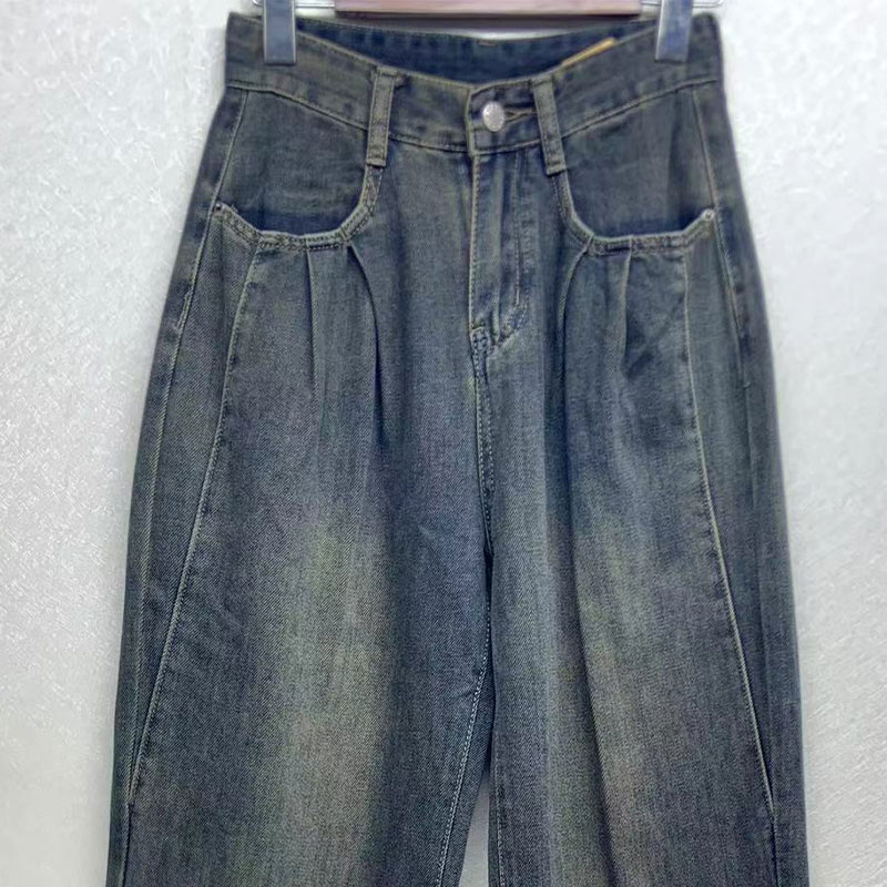 Factory customized wholesale vintage fashion high waist pleated wide leg jeans 24-0810