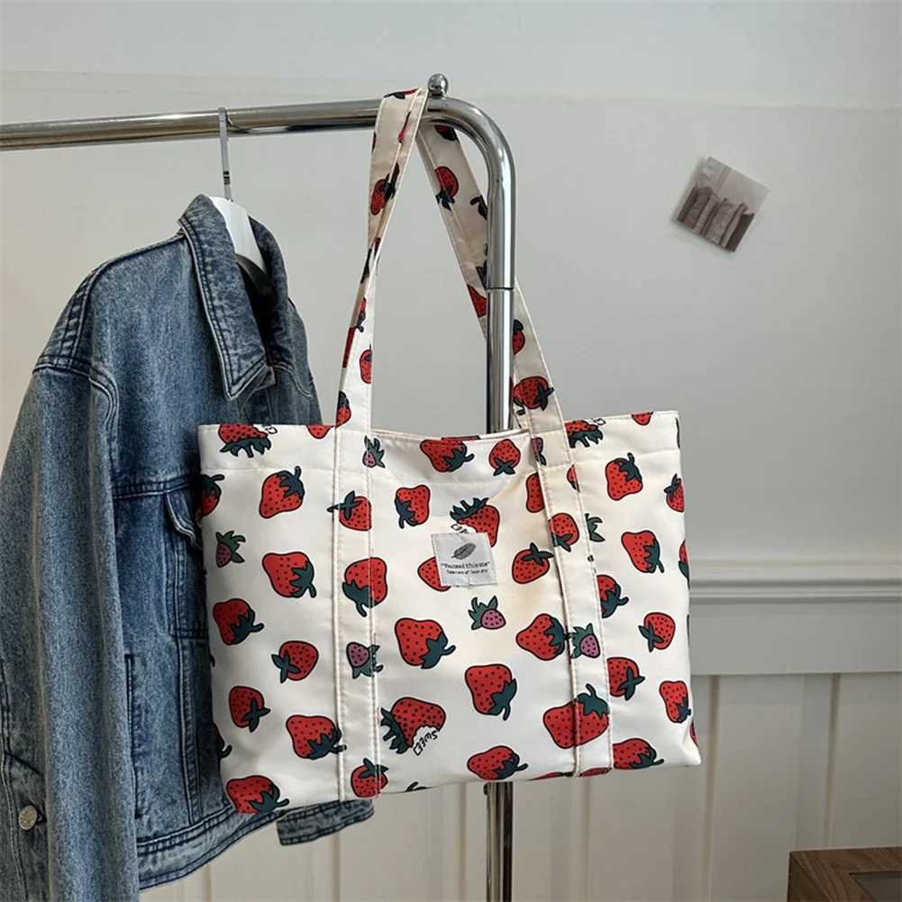 Cute Cherry Strawberry Print Casual Tote Bag Large Capacity Shopping Bag Nylon Aesthetic Handbag Grocery Bag for Women XJ250610