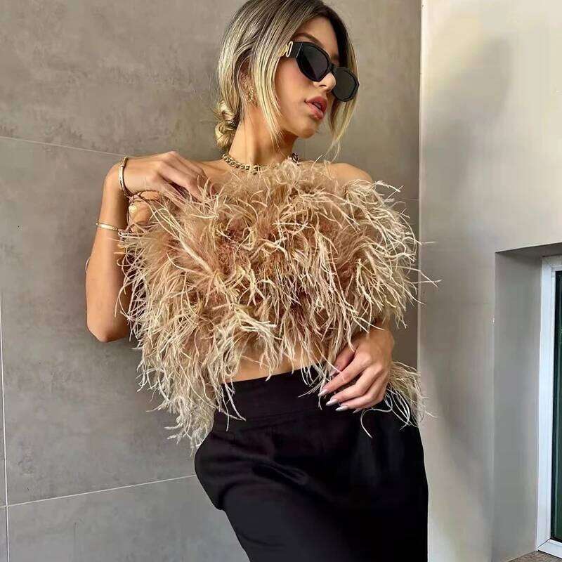 Length 22Cm 100% Natural Hair Bra Underwear Women's Real Ostrich Coat Fur Mini Skirt Customization