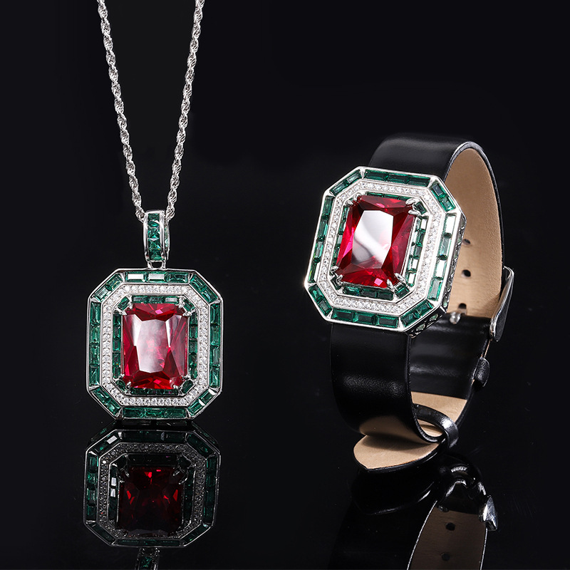New S925 Silver Faux Ruby Square Pendant Necklace, Luxury Design, Stylish Women's Jewelry, Perfect Gift Choice