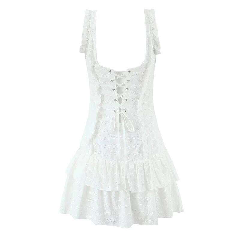 Summer 2025 Women Floral Embroidery Ruffle Sleeveless Mini Dresses Lace Up Bandage Back O Neck A-line Short White Dress