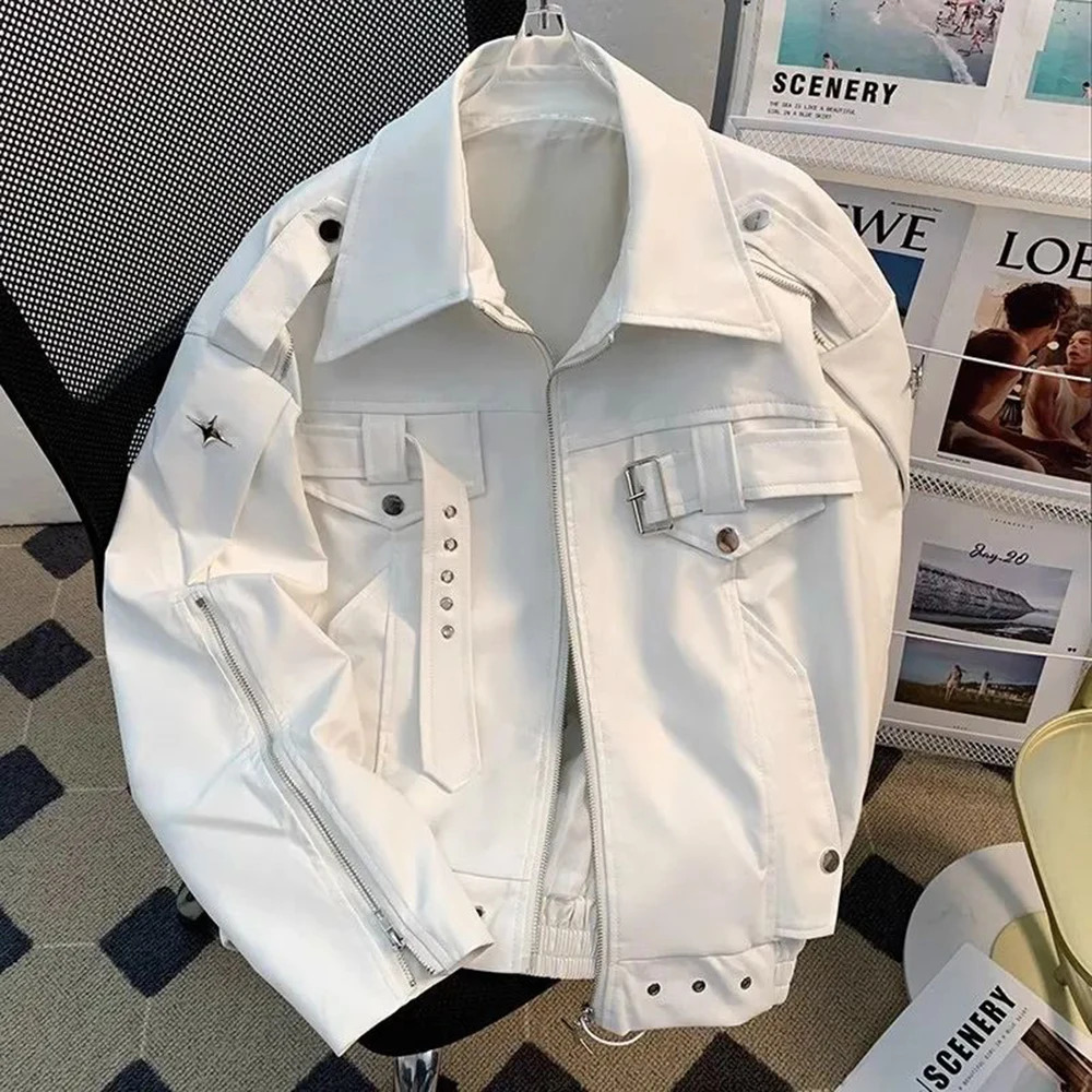 Men Pu Jacket Motorcycle Biker Straps Metal Pu Jacket Streetwear Fashion Versatile Trendy Casual Long-Sleeve Tops MenS Clothing 250611