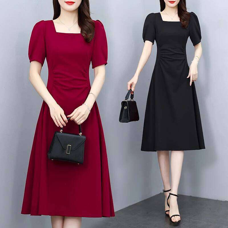 Retro Simple Summer 2025 Short Sleeve Square Collar Knee Length Fashion Solid Colar Slim Women Dress Red Black